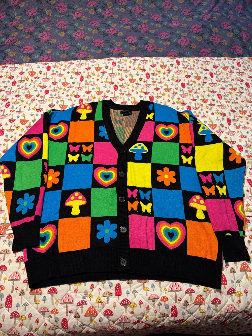 WoMen's Colorblock Cardigan Sweater dopamine large hearts mushrooms butterflies